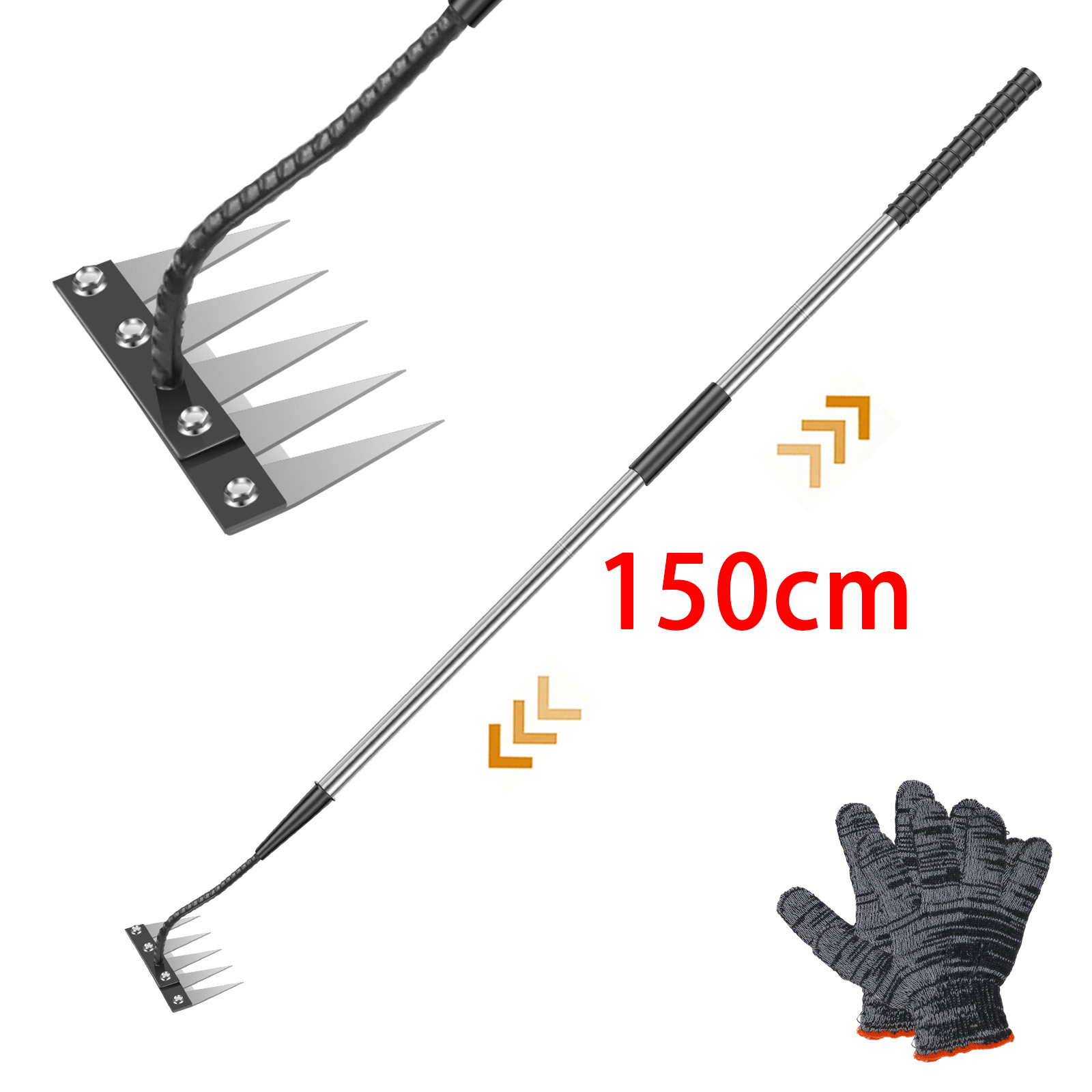 Garden Gloves - 5-tands roestvrijstalen onkruidhark met lange steel,